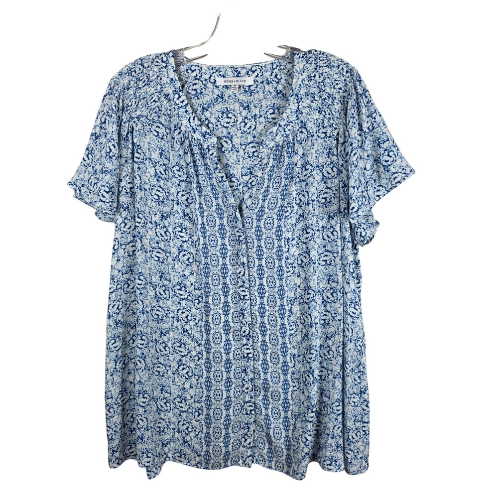 Rose + Olive Floral Blouse Blue White Boho Lightweight Top 2X, Summer, Casual